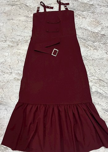 Bordo Uzun Askılı Kemerli Elbise