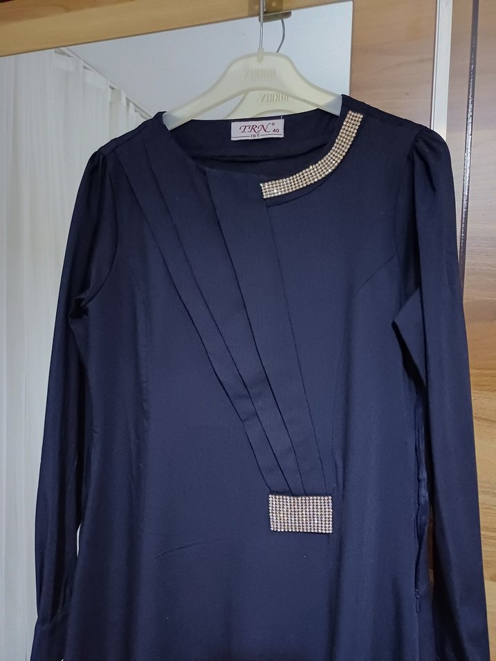 Lacivert V Yaka Uzun Kollu Kadın Elbise - Görsel 4