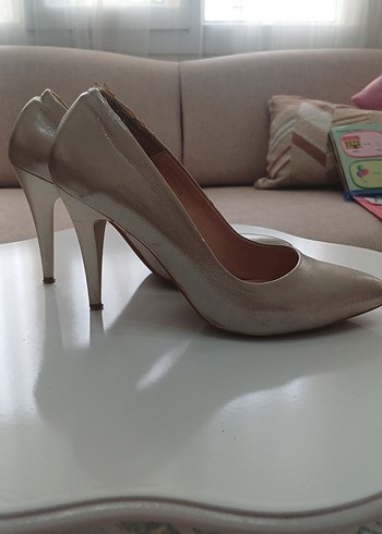 Bej Deri Stiletto Kadın Topuklu Ayakkabı - Görsel 5