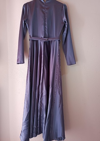 Uzun Kollu İşlemeli Mor Abiye Elbise - Görsel 2