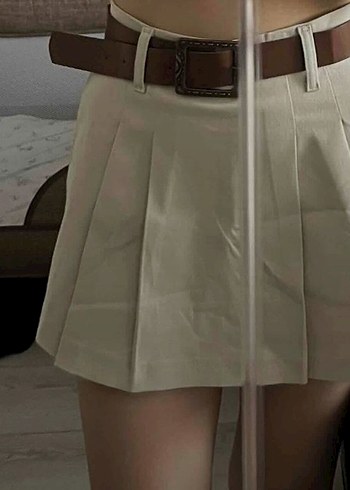 Bej Pileli Midi Mini Etek