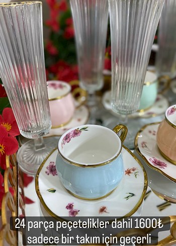 Çiçekli Desenli Renkli 6'lı Kahve Fincanı ve Uzun Bardak Seti - Görsel 3