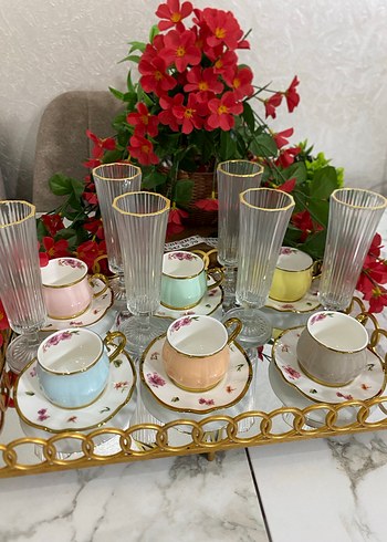 Çiçekli Desenli Renkli 6'lı Kahve Fincanı ve Uzun Bardak Seti - Görsel 6