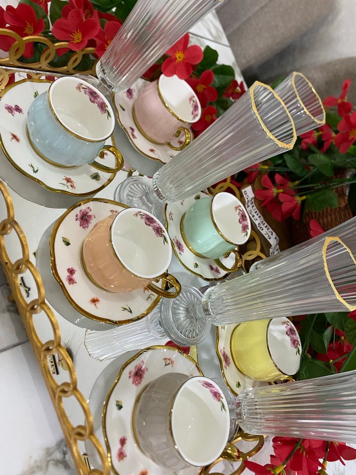 Çiçekli Desenli Renkli 6'lı Kahve Fincanı ve Uzun Bardak Seti - Görsel 2