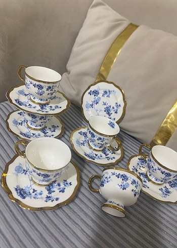Mavi Çiçekli Altın Yaldızlı Porselen Fincan Takımı - Görsel 5