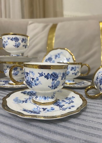 Mavi Çiçekli Altın Yaldızlı Porselen Fincan Takımı - Görsel 2
