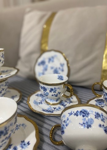 Mavi Çiçekli Altın Yaldızlı Porselen Fincan Takımı - Görsel 3