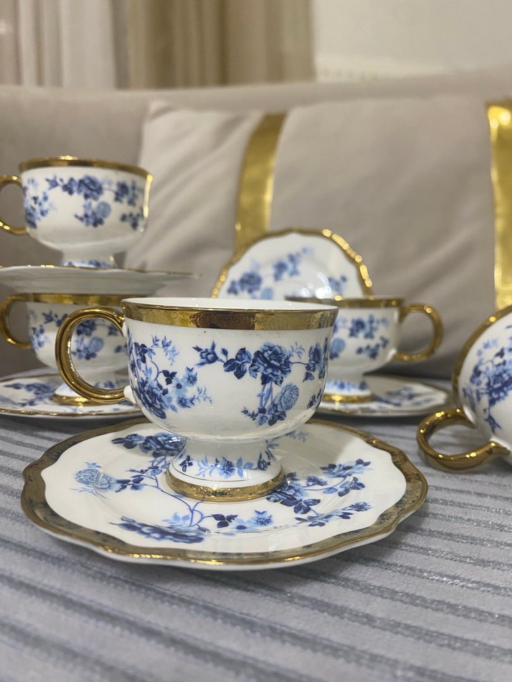 Mavi Çiçekli Altın Yaldızlı Porselen Fincan Takımı - Görsel 2
