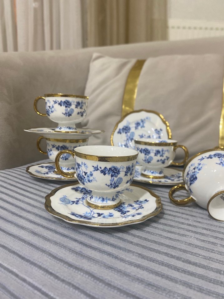Mavi Çiçekli Altın Yaldızlı Porselen Fincan Takımı - Görsel 4