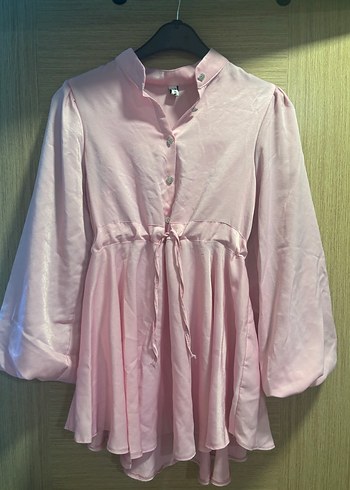 Düğmeli Pembe Mini Bohem Tunik