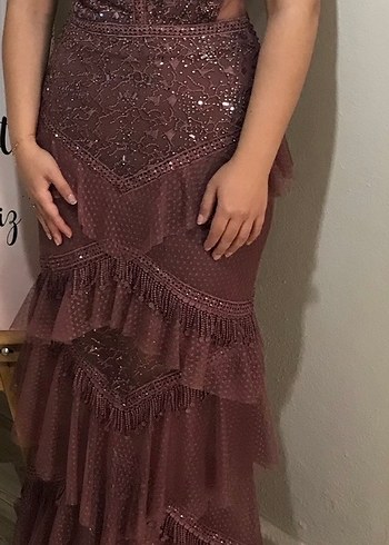 Bordo İşlemeli Uzun Abiye Elbise - Görsel 3