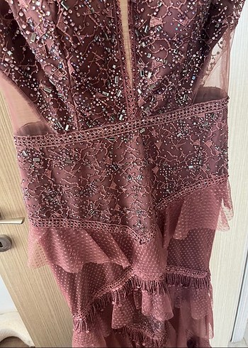 Bordo İşlemeli Uzun Abiye Elbise - Görsel 5