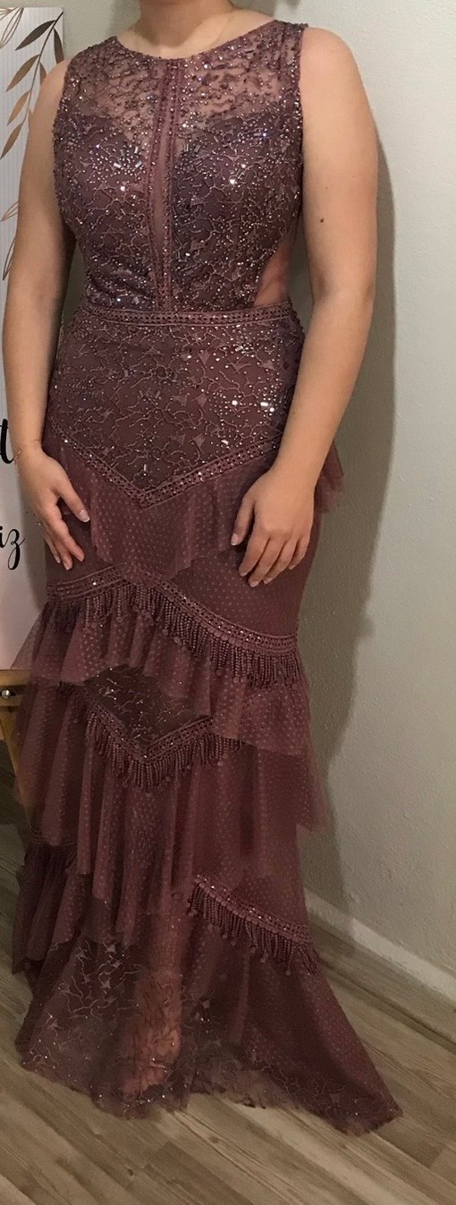 Bordo İşlemeli Uzun Abiye Elbise - Görsel 3