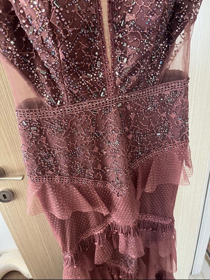 Bordo İşlemeli Uzun Abiye Elbise - Görsel 5