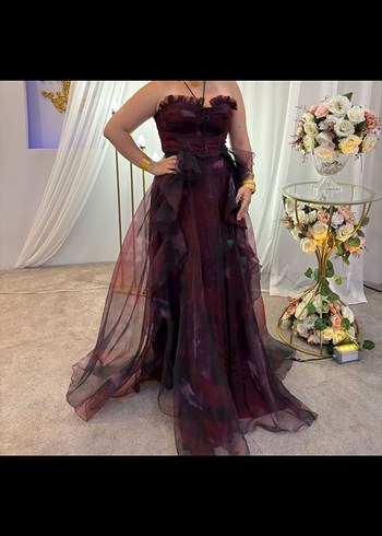 Bordo Straplez Uzun Gotik Abiye Elbise - Görsel 2