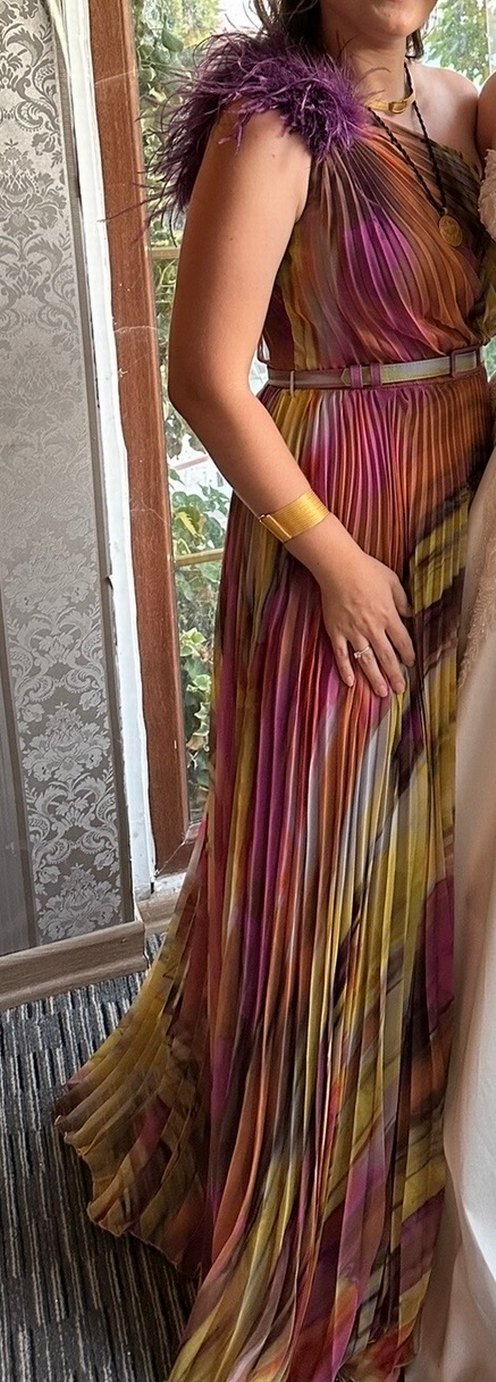 Renkli Piliseli Uzun Kayık Yaka Abiye Elbise - Görsel 2