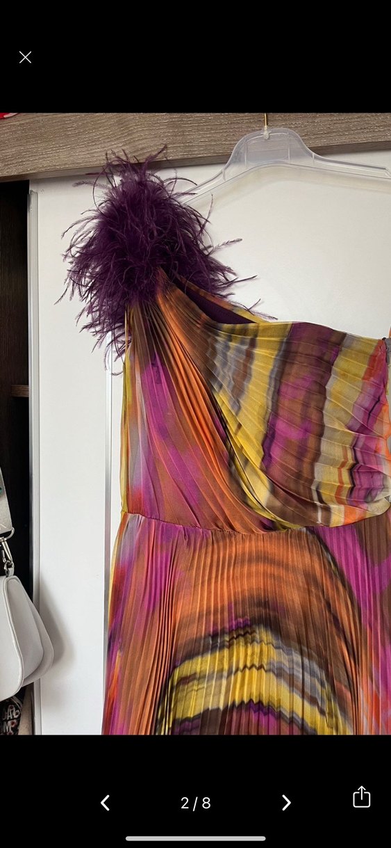 Renkli Piliseli Uzun Kayık Yaka Abiye Elbise - Görsel 4