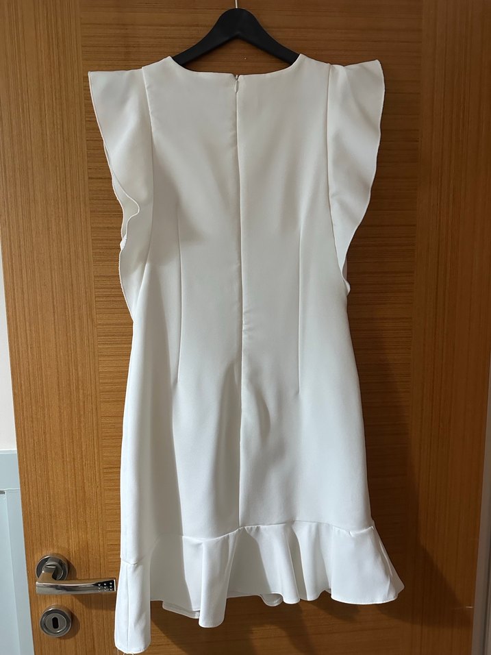 Beyaz Kolsuz Drapeli Midi Elbise - Görsel 2