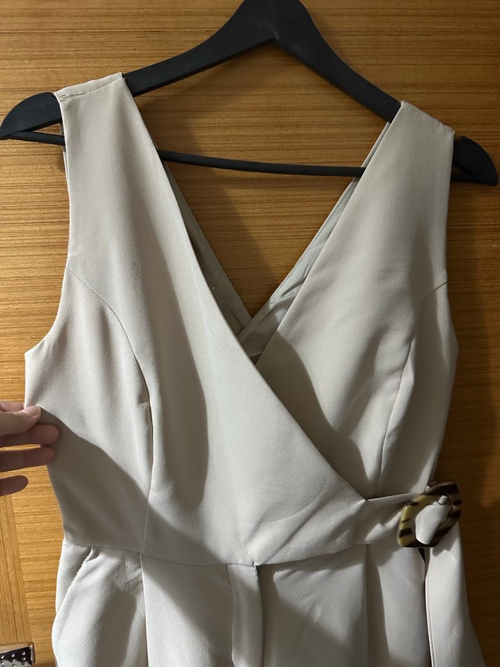 Bej Kadın Midi Tulum, Kuşaklı, Notched Yaka - Görsel 3