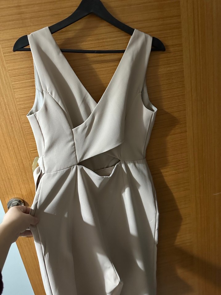 Bej Kadın Midi Tulum, Kuşaklı, Notched Yaka - Görsel 4