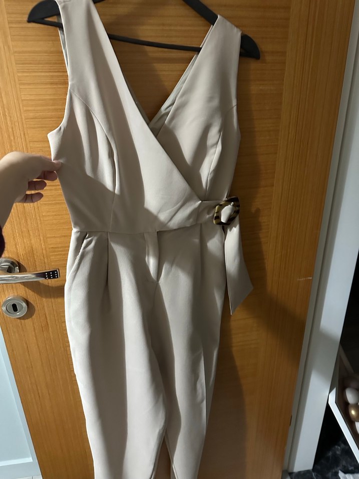 Bej Kadın Midi Tulum, Kuşaklı, Notched Yaka - Görsel 2