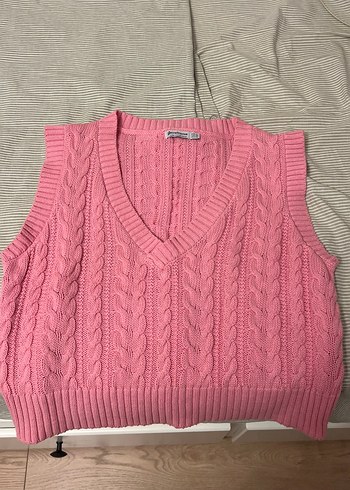 Pembe V Yaka Örgü Kadın Süveter