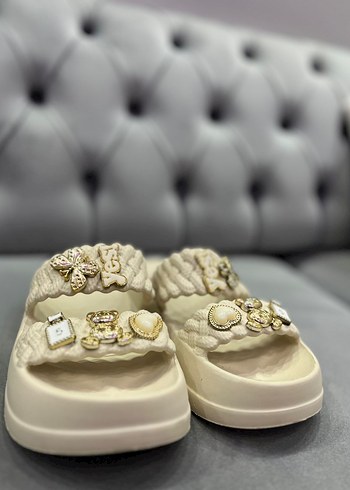 Boncuklu Beyaz Bohem Kadın Terlik - Görsel 3