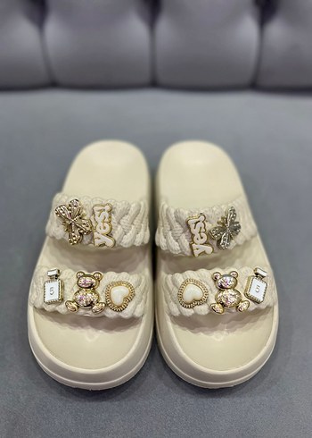 Boncuklu Beyaz Bohem Kadın Terlik - Görsel 2