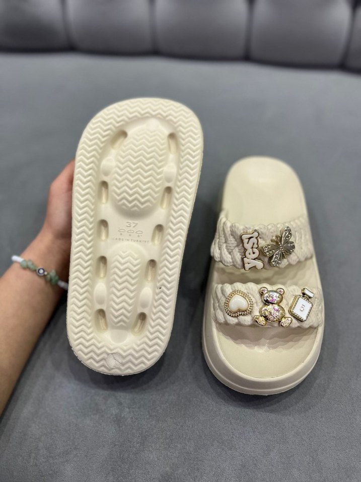 Boncuklu Beyaz Bohem Kadın Terlik - Görsel 4