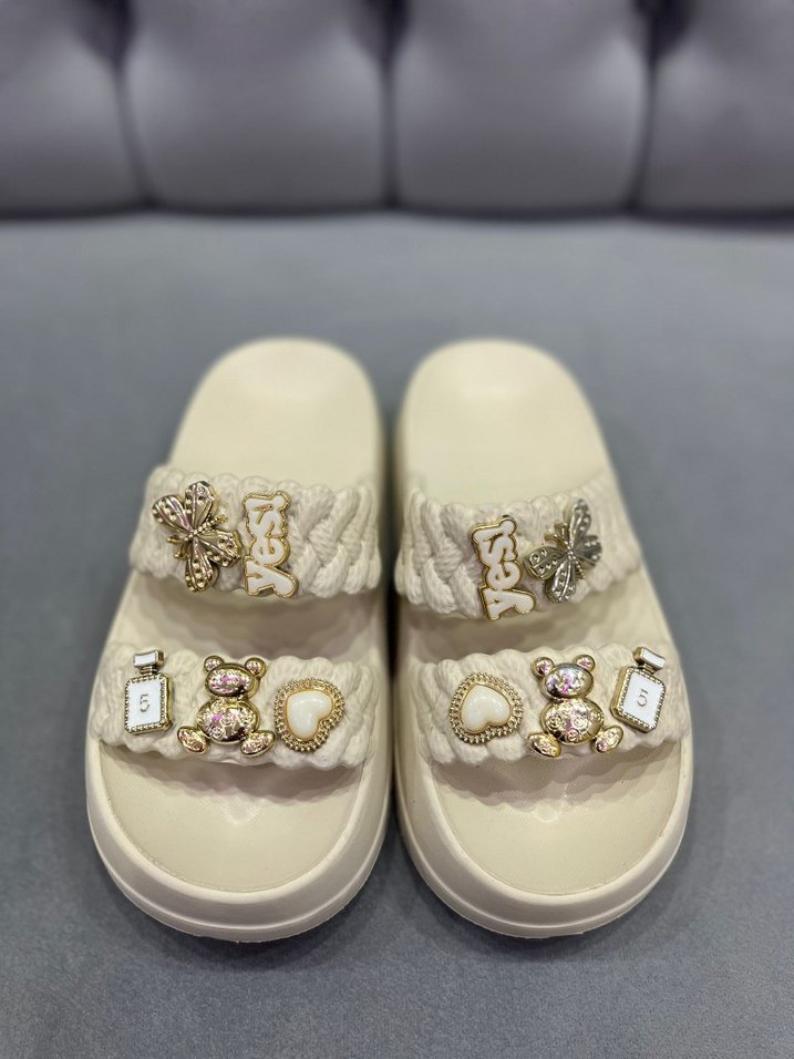 Boncuklu Beyaz Bohem Kadın Terlik - Görsel 2