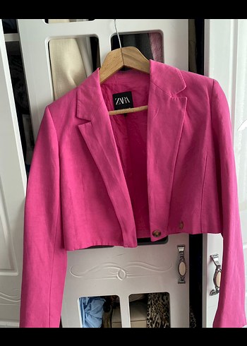 Pembe Keten Düğmeli Kadın Blazer Ceket