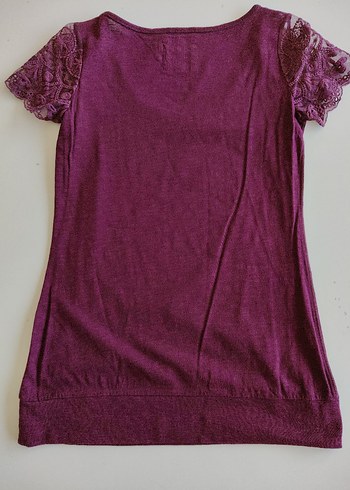 Kadın Mürdüm Bordo Dantelli Kısa Kollu Tişört - Görsel 6