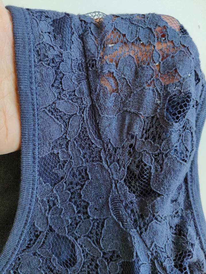 Lacivert Dantel Detaylı Kısa Kollu Bluz - Görsel 3