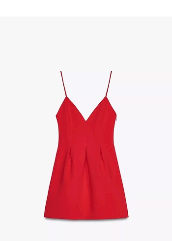 Zara Kırmızı V Yakalı Pilili Mini Elbise