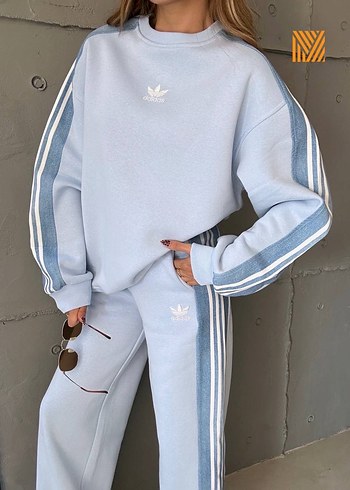 diğer Beden Beyaz Çizgili Kadın Denim Eşofman Takımı
