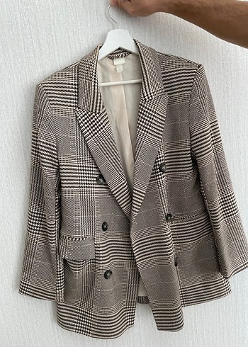 Düğmeli Bej Ekose Kadın Blazer Ceket