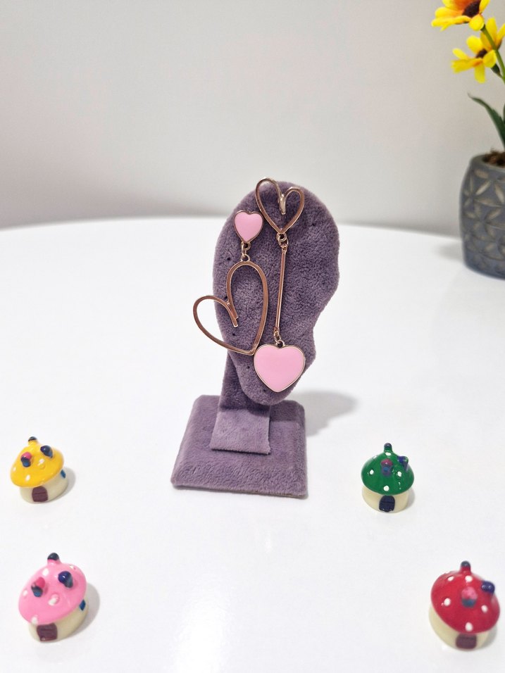 Pembe Mini Zincir Detaylı  Küpe - Görsel 3