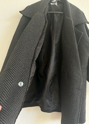 diğer Beden gri Renk Koyu Gri Balık Kılçığı Desenli Astarlı Oversize Kadın Kaban