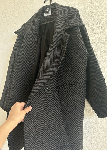 diğer Beden Koyu Gri Balık Kılçığı Desenli Astarlı Oversize Kadın Kaban