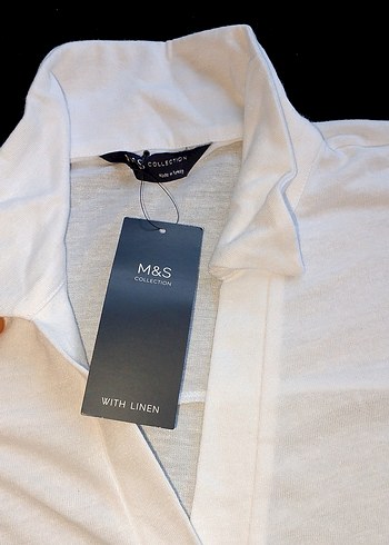 Beyaz V-Yaka Keten Kadın Tişört - Görsel 2