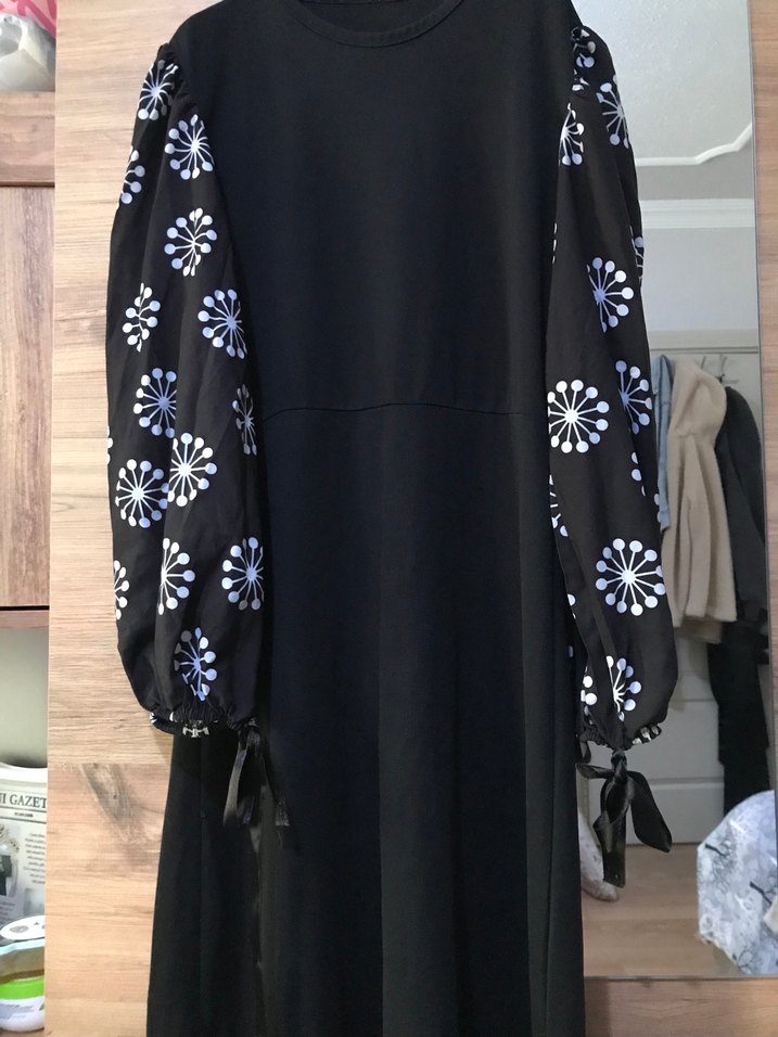 Bohem Siyah Uzun Kollu Baskılı Elbise - Görsel 3