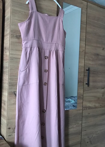Düğmeli Pembe Midi Askılı Elbise - Görsel 3