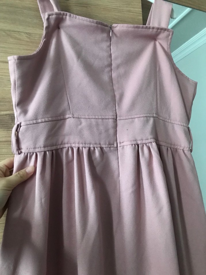 Düğmeli Pembe Midi Askılı Elbise - Görsel 4