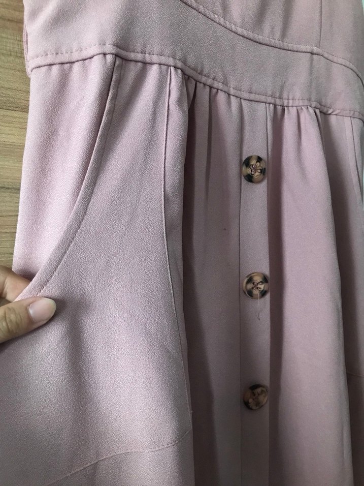 Düğmeli Pembe Midi Askılı Elbise - Görsel 2