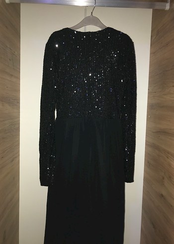 Siyah Uzun Kollu Parlak Kadın Abiye Elbise - Görsel 2