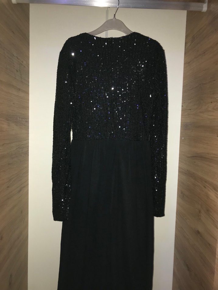 Siyah Uzun Kollu Parlak Kadın Abiye Elbise - Görsel 2