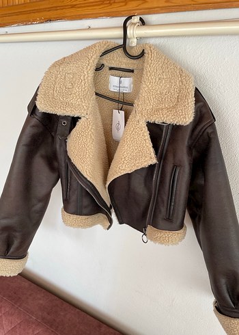 Kürklü Kahverengi Mini Deri Biker Ceket