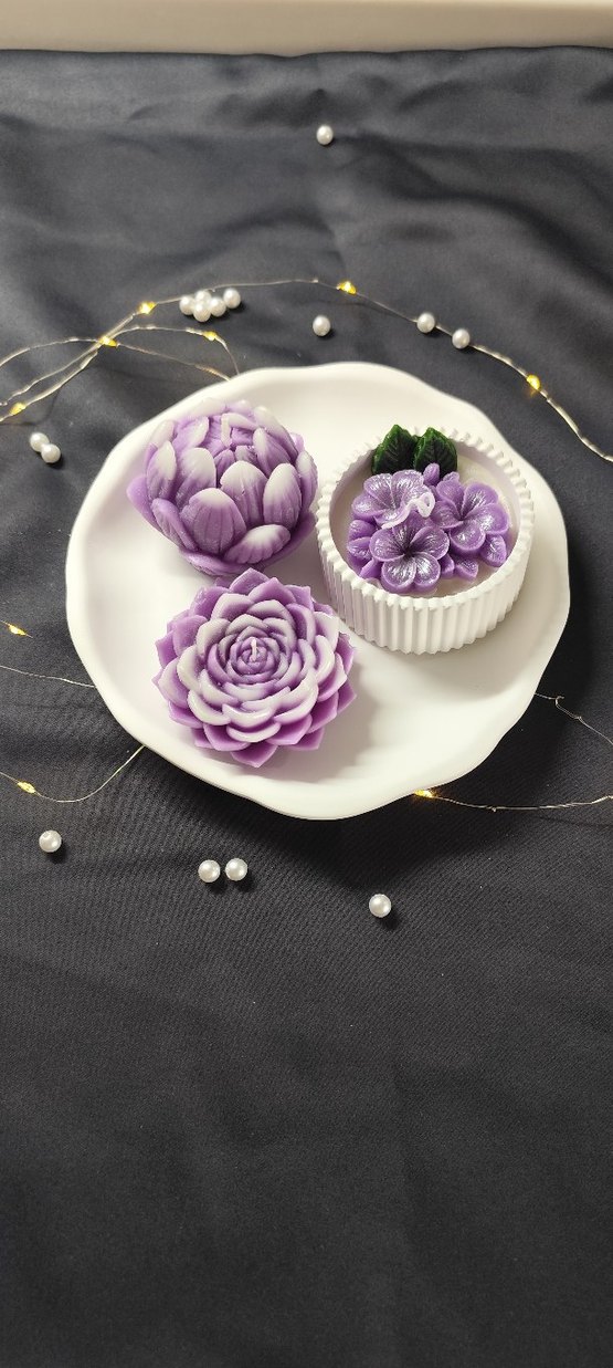 Pastel Mor Çiçek Şekilli Mum Seti - Görsel 2