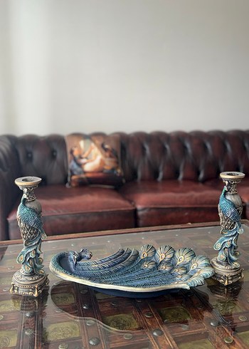 Turkuaz Tavuskuşu Desenli Mumluk ve Tabak Seti - Görsel 5