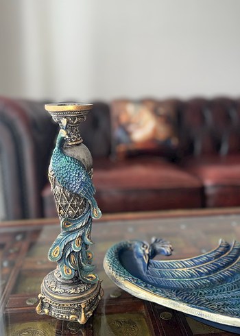 Turkuaz Tavuskuşu Desenli Mumluk ve Tabak Seti - Görsel 3